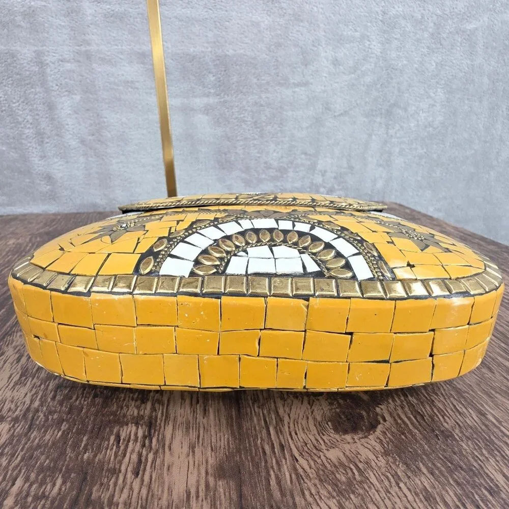Antik Craft Metal Clutch Crossbody Honey Metallic Gold Mosaic Tile Art Chain New - Picture 9 of 15